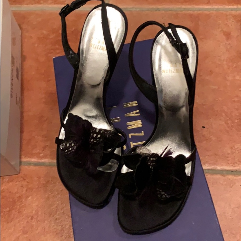 Stuart Weitzman satin and feather heels
